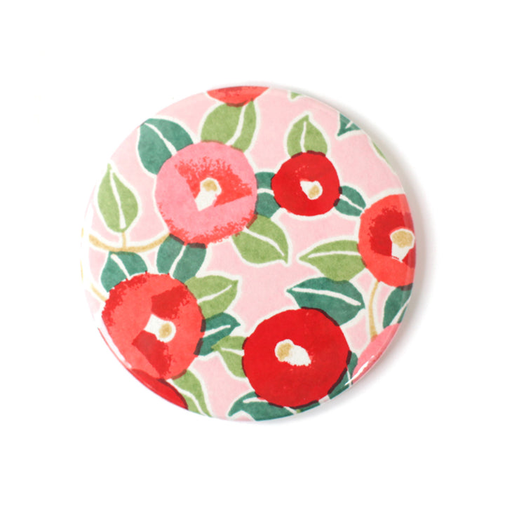 Miroir de Poche en Papier Japonais - Camélias rouges et roses fond rose pâle - M722