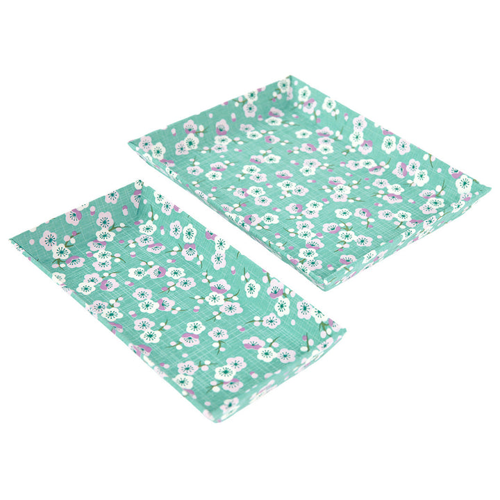 Petit & Grand vide-poches - Papier Japonais - Fleurs de pruniers rétros - Menthe foncé et Rose pâle - M790