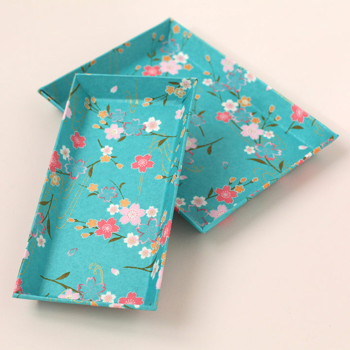 Papier Japonais - Branches de Cerisier et Ondulations - Bleu Turquoise, Rose Fuchsia, Jaune Orange et Or  - M380