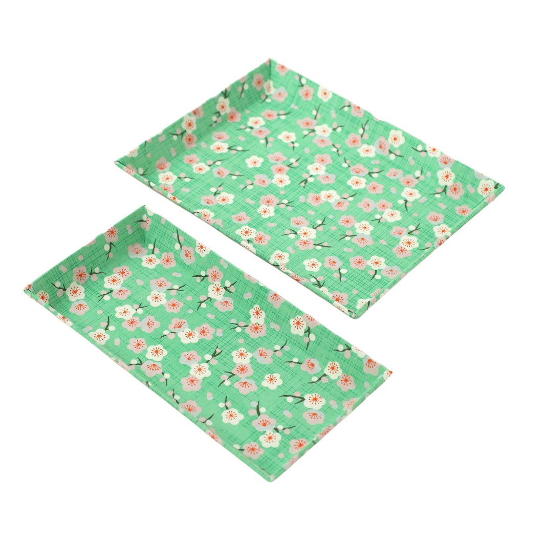 Small & Large storage compartment - Retro plum blossoms - Green and pale pink - M793