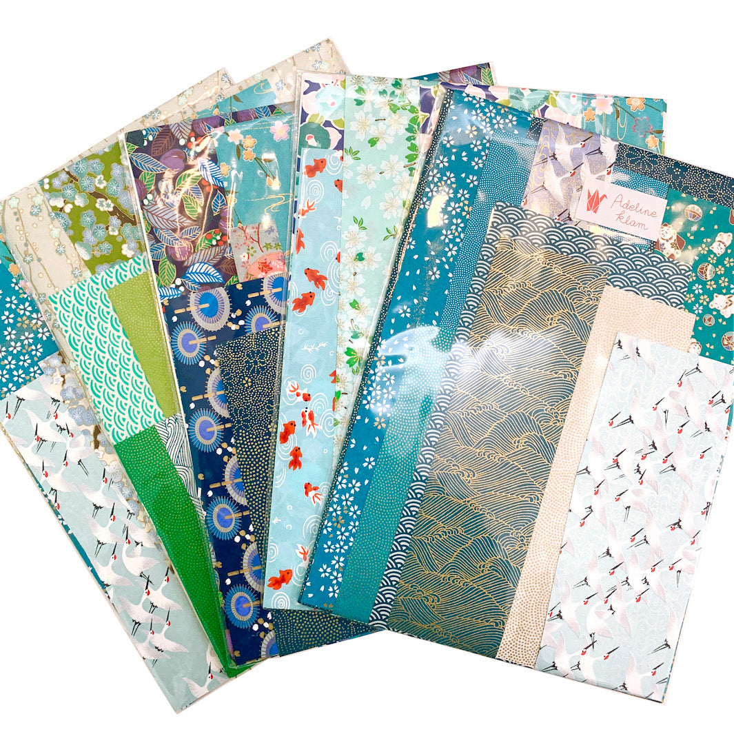 Pochette Surprise - Chutes de Papiers Japonais - Bleu, Turquoise et Vert d'Eau