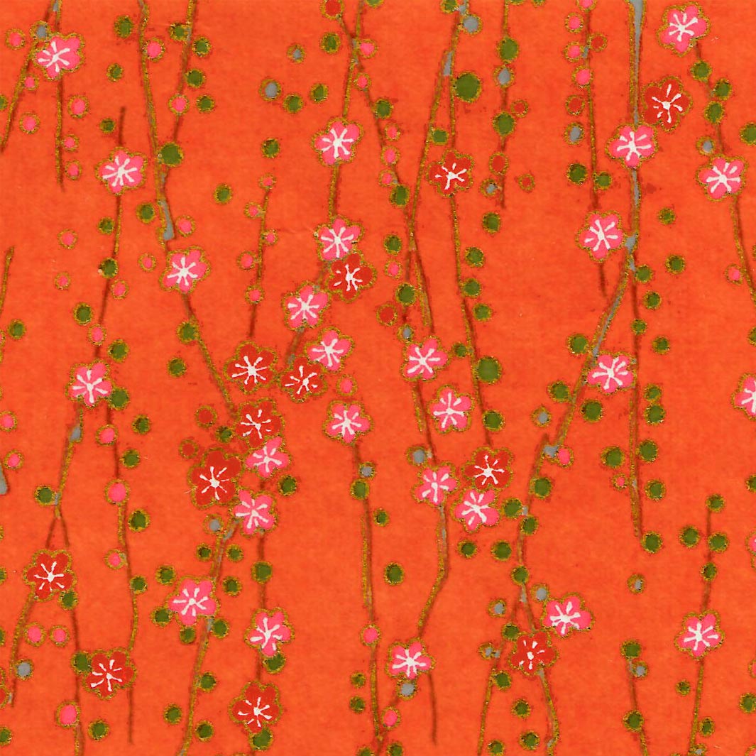 carré de 10cm par 10cm de papier japonais yuzen chiyogami aux motifs de branches en fleurs dans les rouge orange, roses et vert (M427) adeline klam