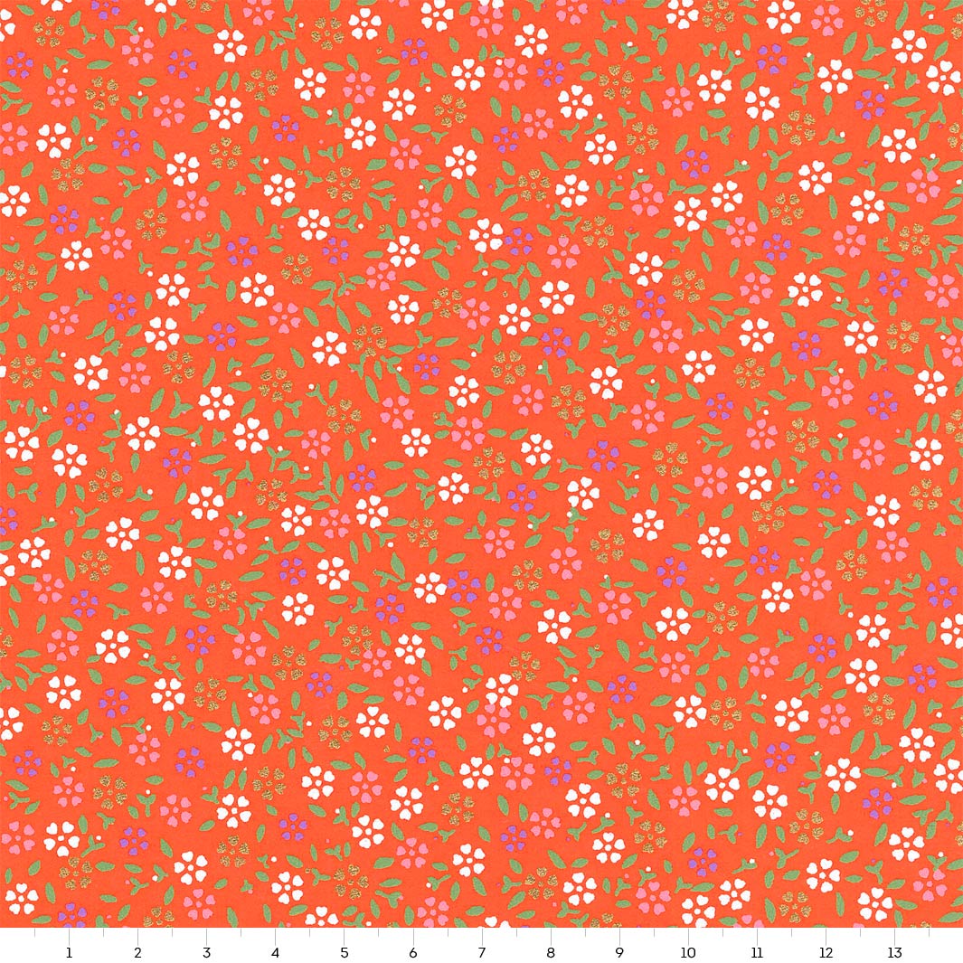 carré de 14cm par 14cm de papier japonais yuzen chiyogami aux motifs de mini fleurs de cerisier dans les tons rouge orange adeline klam (M663)