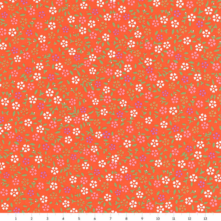 carré de 14cm par 14cm de papier japonais yuzen chiyogami aux motifs de mini fleurs de cerisier dans les tons rouge orange adeline klam (M663)