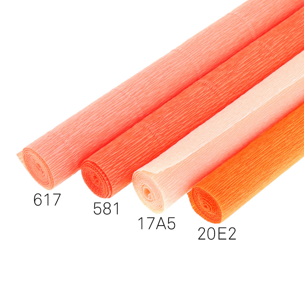 5 rouleaux de papiers crépon dans les tons roses, corail et orange
