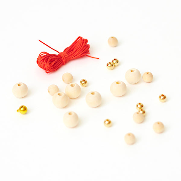 Lot de Fil & Perles - Fil 3m, Rouge - 21 Perles, Bois Naturel - A2
