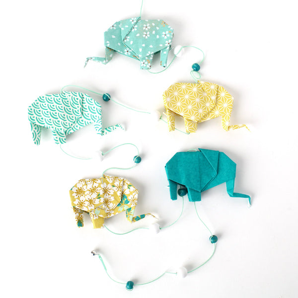 Guirlande d'éléphants en origami - Vert d'eau, Vert acidulé