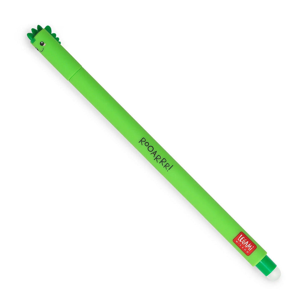 photo packshot d'un stylo gel effaçable au capuchon en forme de tête de dinosaure vert