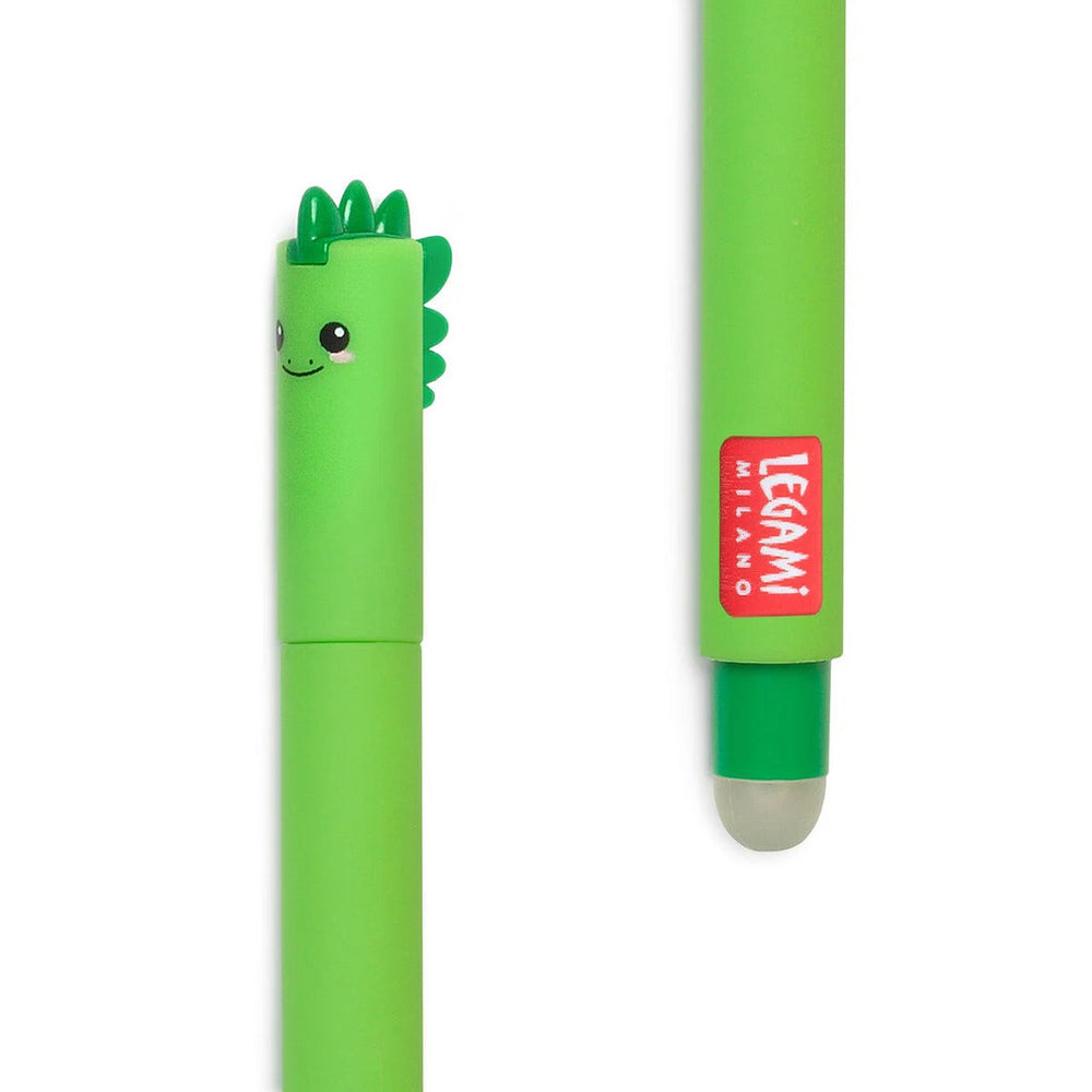 zoom d'un stylo gel effaçable au capuchon en forme de tête de dinosaure vert