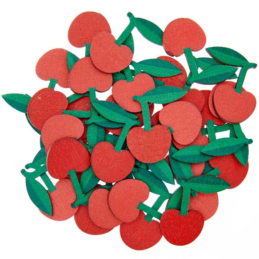 lot de 36 éléments en bois en forme de cerises dans les tons blancs, rouges et verts dispersés à plat