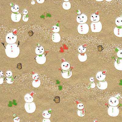 papier japonais aux motifs de bonhommes de neige blancs, dorés, rouges et verts adeline klam de 10cm par 10cm