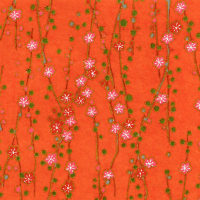 papier japonais aux motifs de branches en fleurs rouge orangé adeline klam de 10cm par 10cm