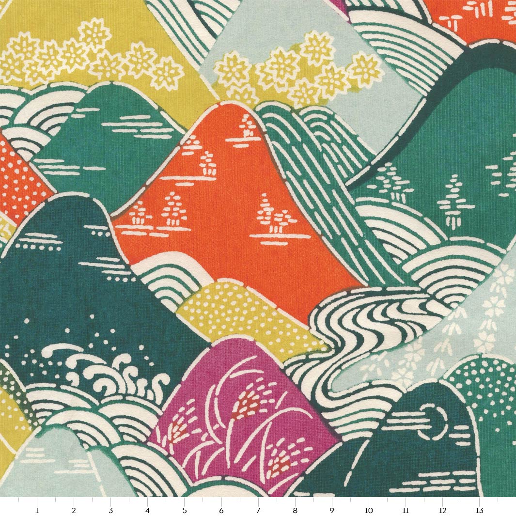papier japonais katazome aux motifs de montages et de rivières verts, orange, mauve et jaune adeline klam de 14cm par 14cm