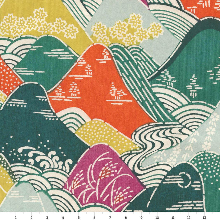 papier japonais katazome aux motifs de montages et de rivières verts, orange, mauve et jaune adeline klam de 14cm par 14cm