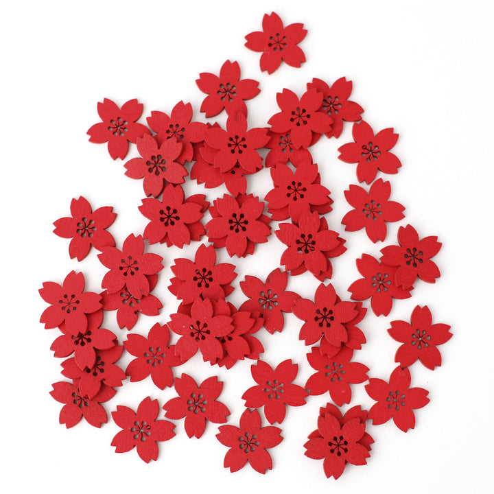 Lot de 48 petites fleurs de cerisier en bois - Rouge