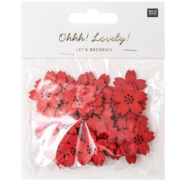 Lot de 48 petites fleurs de cerisier en bois - Rouge