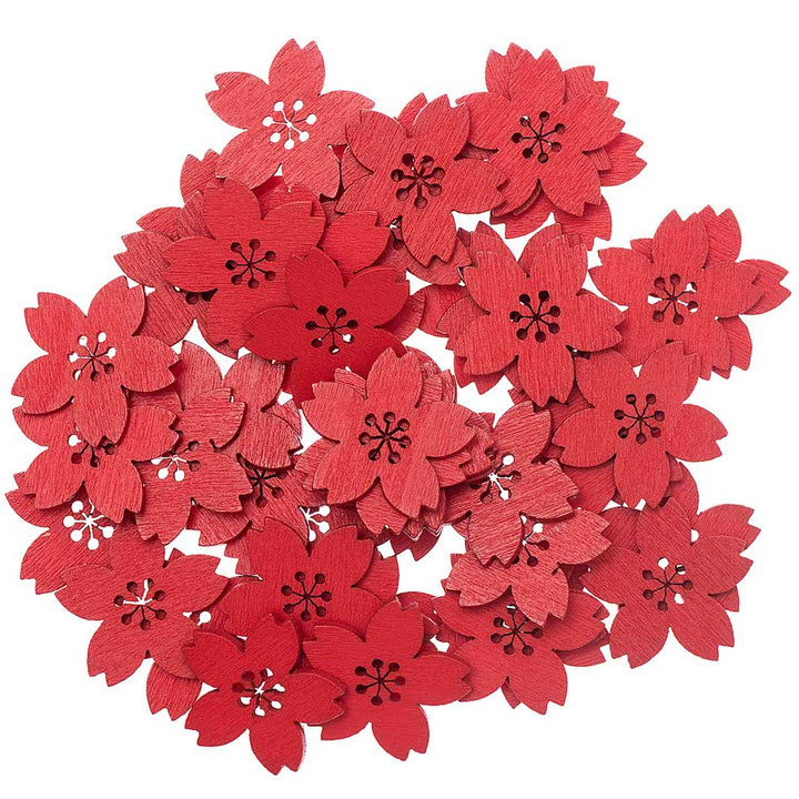 Lot de 48 petites fleurs de cerisier en bois - Rouge