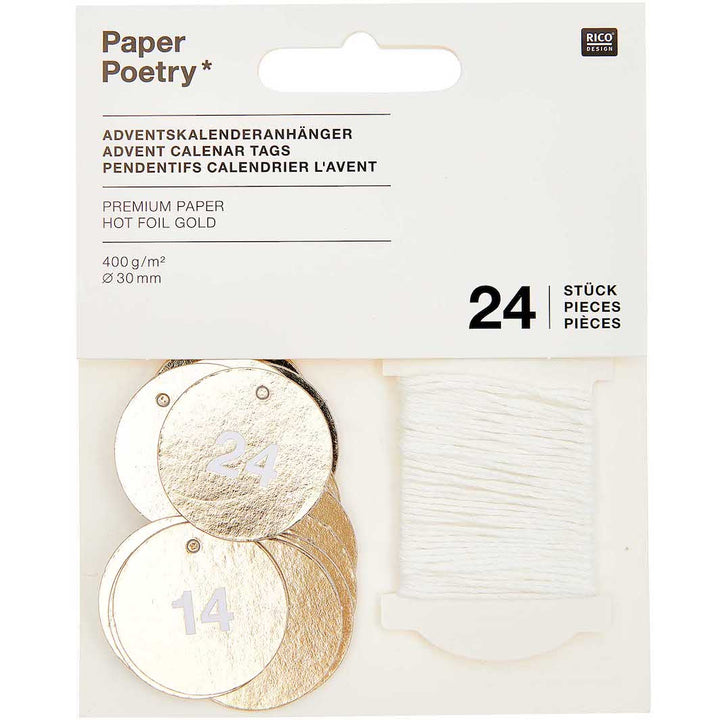 Lot de 24 Étiquettes Rondes en Papier - Calendrier de l'Avent - Or