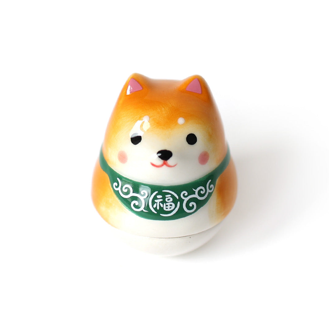 Culbuto Japonais en Céramique - Shiba Inu - Orange et Vert