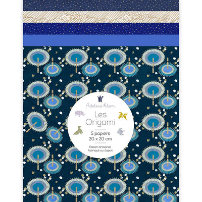 pochette de 5 carrés de papiers japonais adeline klam de 20cm par 20cm dans les tons bleus, bleu nuit, gris et dorés « nuit étoilée » (20S