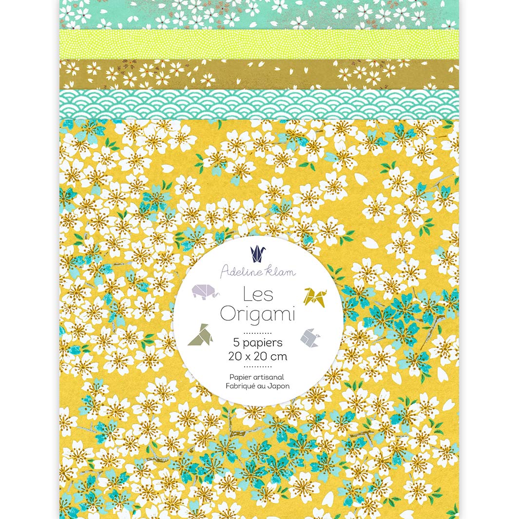 pochette de 5 carrés de papiers japonais adeline klam de 20cm par 20cm dans les tons jaune moutarde, vert acidulé et vert d'eau « mirabelle » (20E)