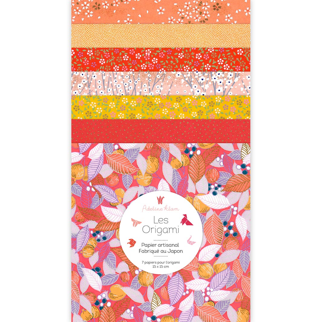 pochette de 7 carrés de papiers japonais adeline klam de 15cm par 15cm dans les tons jaunes, roses, mauve et rouges « pondichéry » (A9)