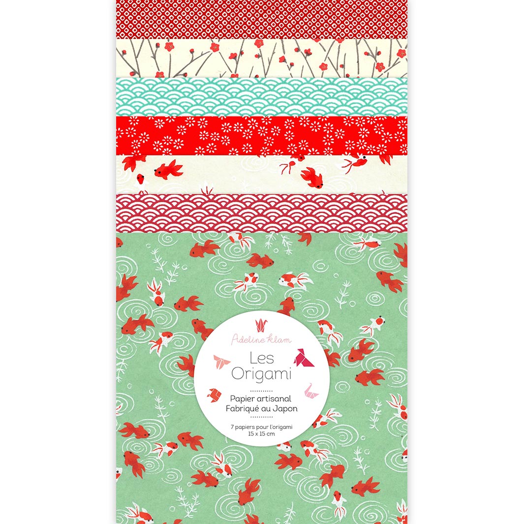 pochette de 7 carrés de papiers japonais adeline klam de 15cm par 15cm dans les tons rouges, vert d'eau et blanc crème « kongyo » (E6)