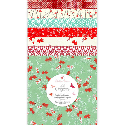 pochette de 7 carrés de papiers japonais adeline klam de 15cm par 15cm dans les tons rouges, vert d'eau et blanc crème « kongyo » (E6)
