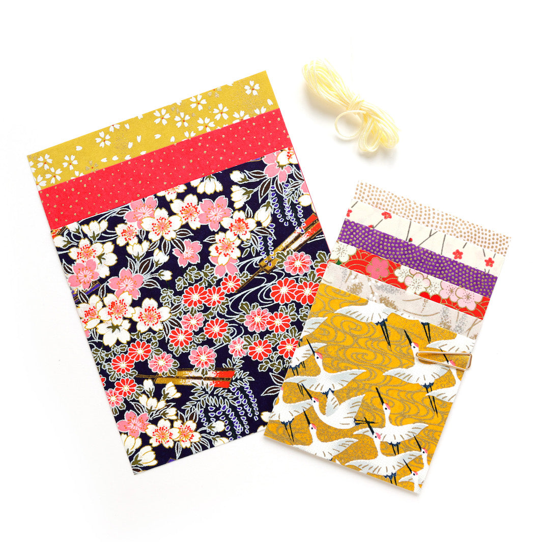 assortiments de papiers japonais du kit 3 petites kokeshi dans les tons violets, rouges, roses, jaune moutarde, crème de la gamme « kimono » adeline klam