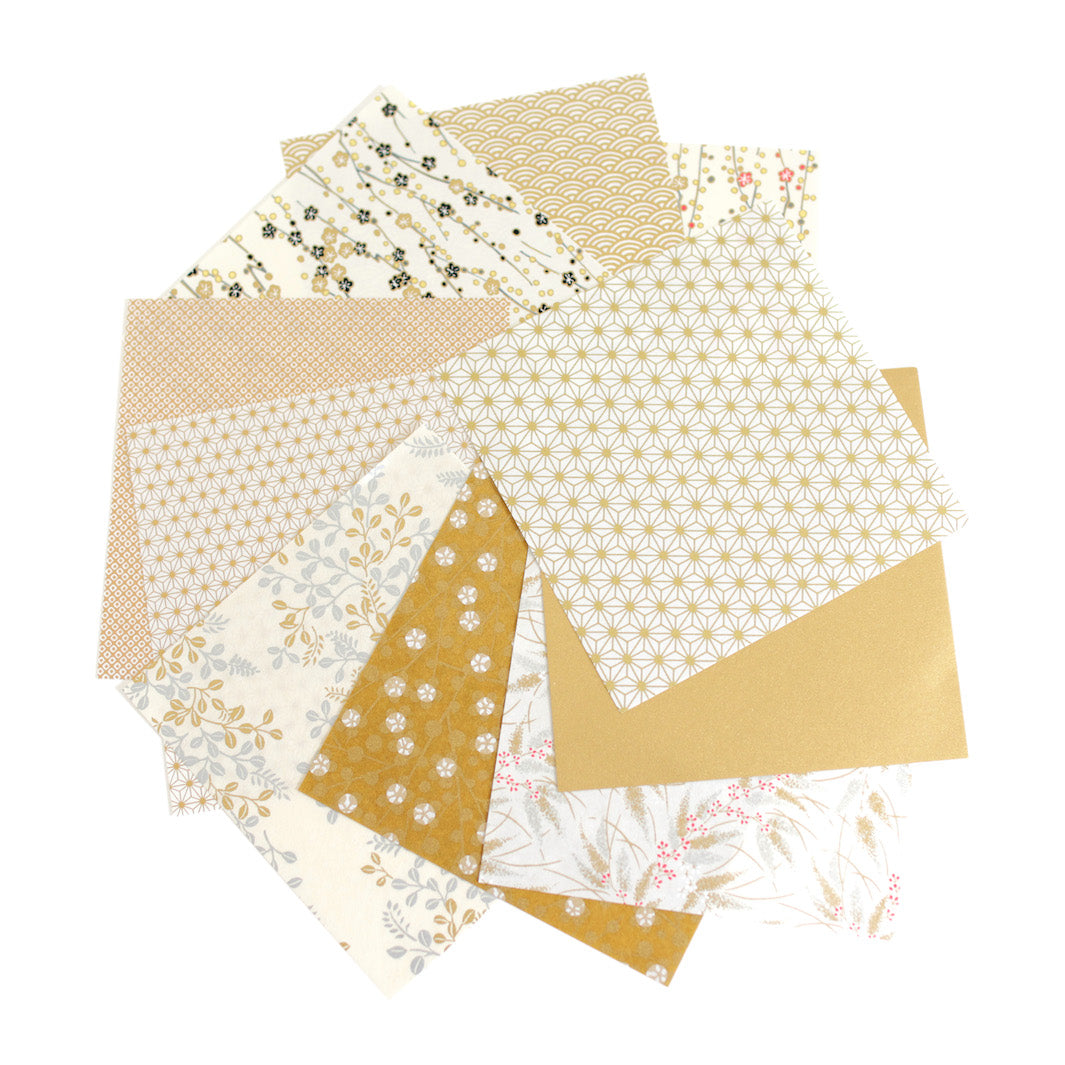 20 Origami Papers - 15 x 15 cm - Gold, Yellow, Beige and White - Golden