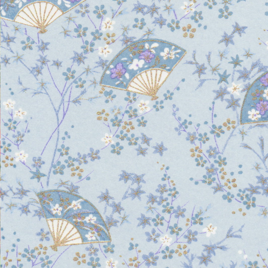 carré de 10cm par 10cm de papier japonais yuzen chiyogami aux motifs « 4 saisons » dans les tons bleu gris, bleu clair et foncé, violets et dorés adeline klam (M1034)