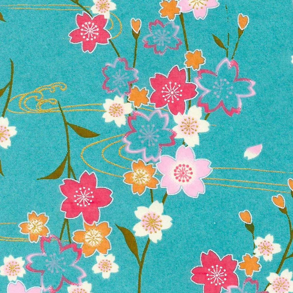carré de 10cm par 10cm de papier japonais yuzen chiyogami aux motifs de branches de cerisier et d'ondulation dans les tons bleu turquoise, rose fuchsia, jaune orange et dorés adeline klam (M380)