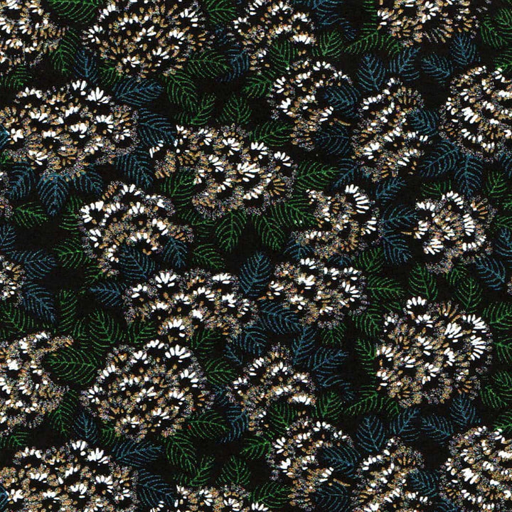 carré de 10cm par 10cm de papier japonais yuzen chiyogami aux motifs de chrysanthèmes ajania dans les tons noirs, bleus, verts, dorés et argentés adeline klam (M1041)
