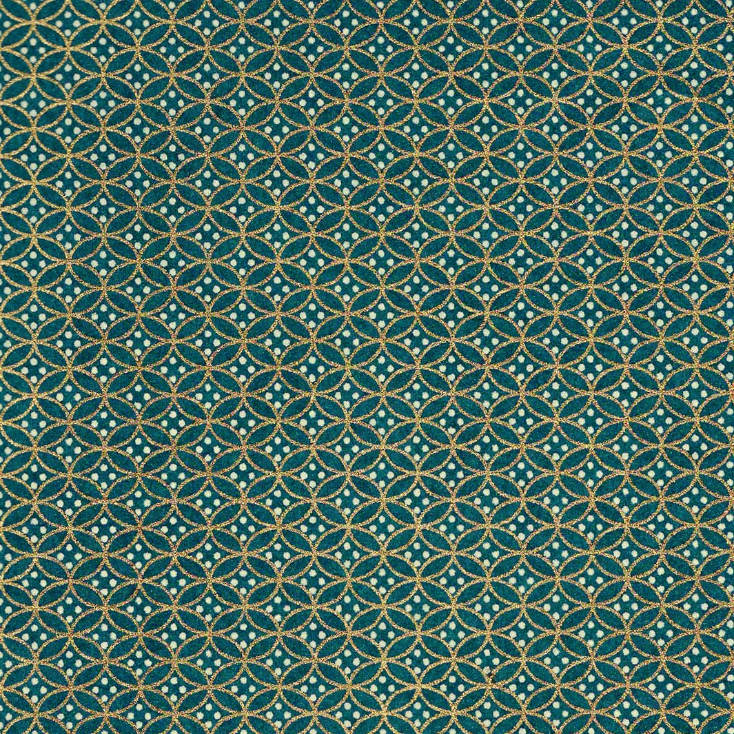carré de 10cm par 10cm de papier japonais yuzen chiyogami aux motifs d'ellipses dans les tons bleu canard et dorés adeline klam (M652)