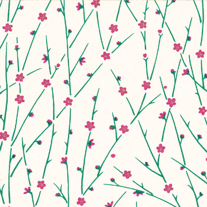 carré de 10cm par 10cm de papier japonais yuzen chiyogami aux motifs de fines branches en fleurs dans tons blanc crème, magenta et vert menthe adeline klam (M1047)