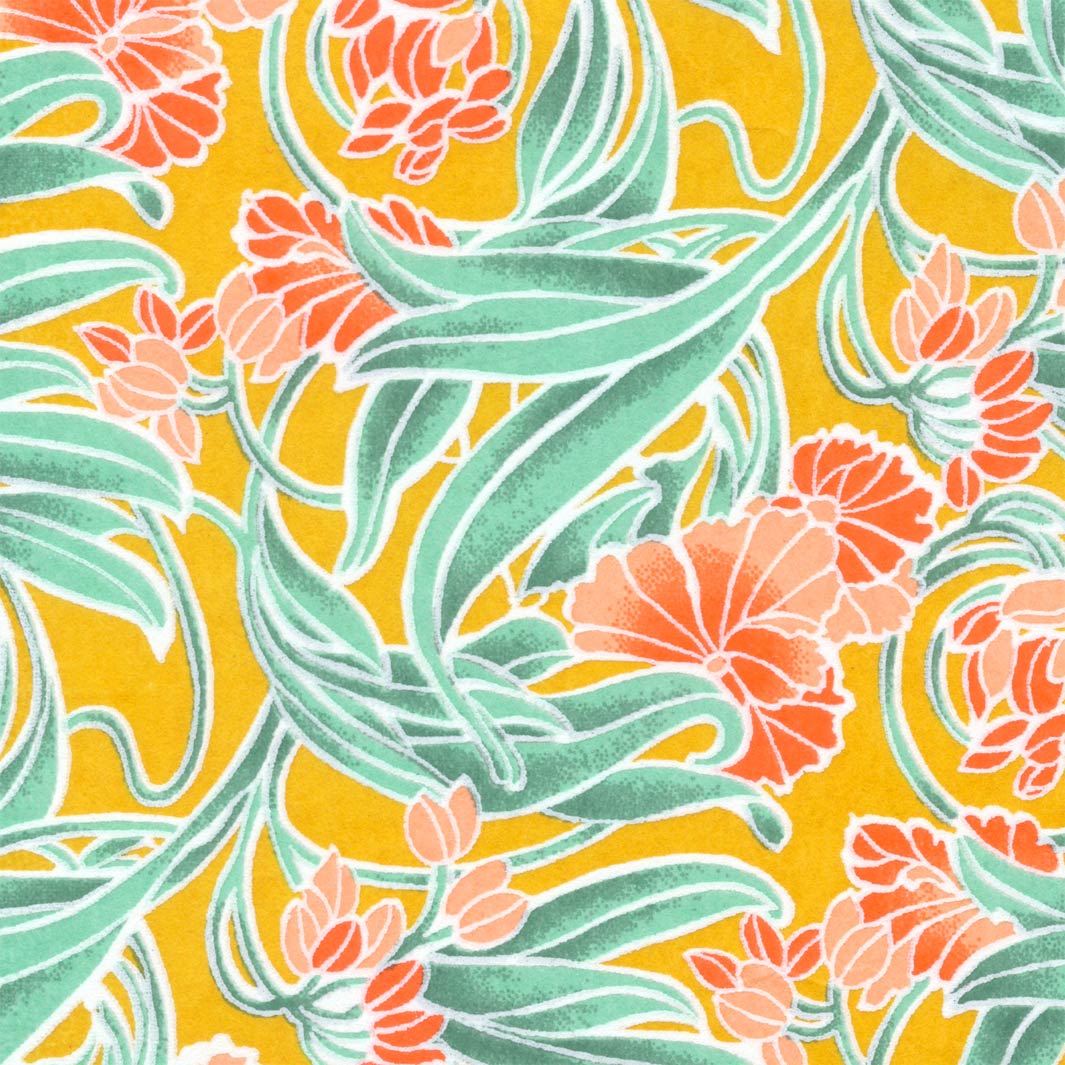 carré de 10cm par 10cm de papier japonais yuzen chiyogami aux motifs de fleurs « art nouveau » jaune moutarde, vert d'eau et corail adeline klam (M987)