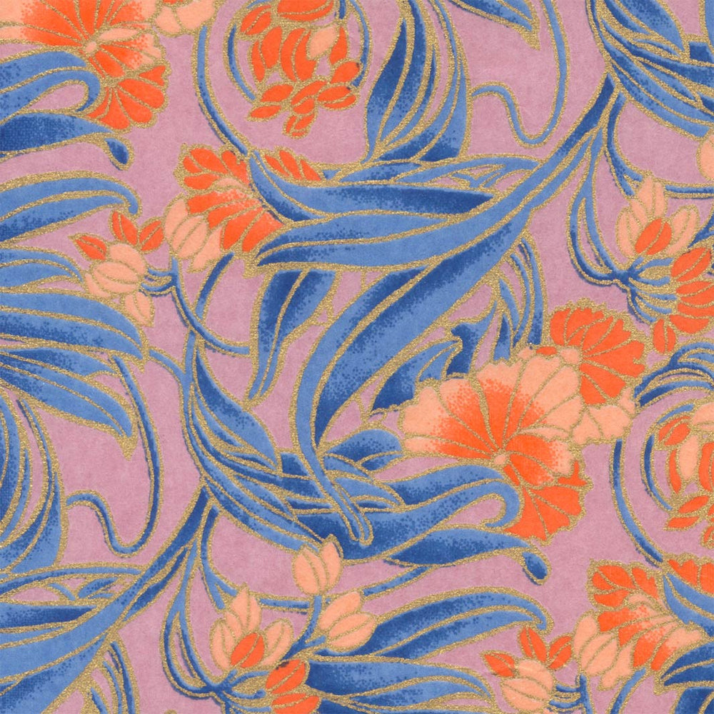 carré de 10cm par 10cm de papier japonais yuzen chiyogami aux motifs de fleurs « art nouveau » mauves, bleus, corail et dorés adeline klam (M988)