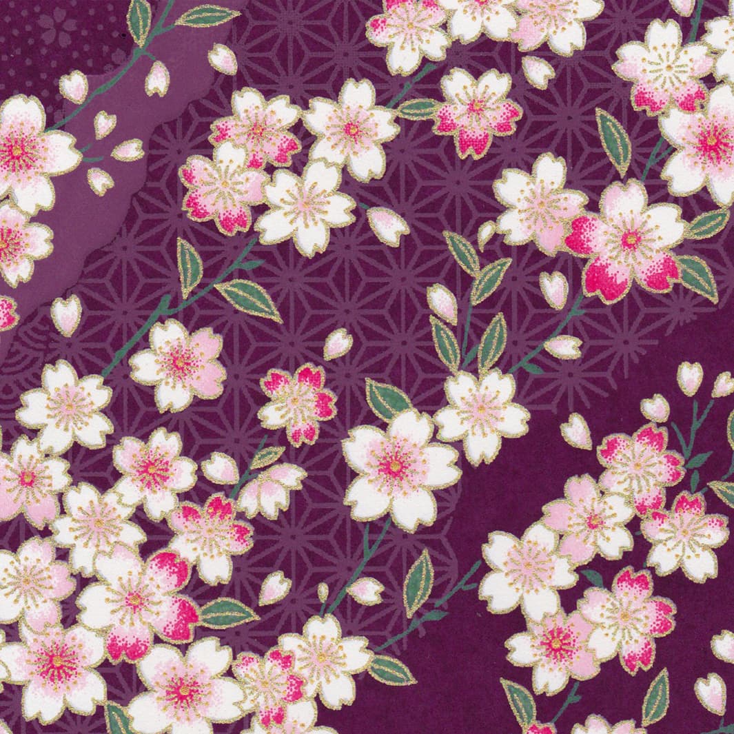 carré de 10cm par 10cm de papier japonais yuzen chiyogami aux motifs variés et de fleurs de prunier sur fond prune adeline klam (M383)