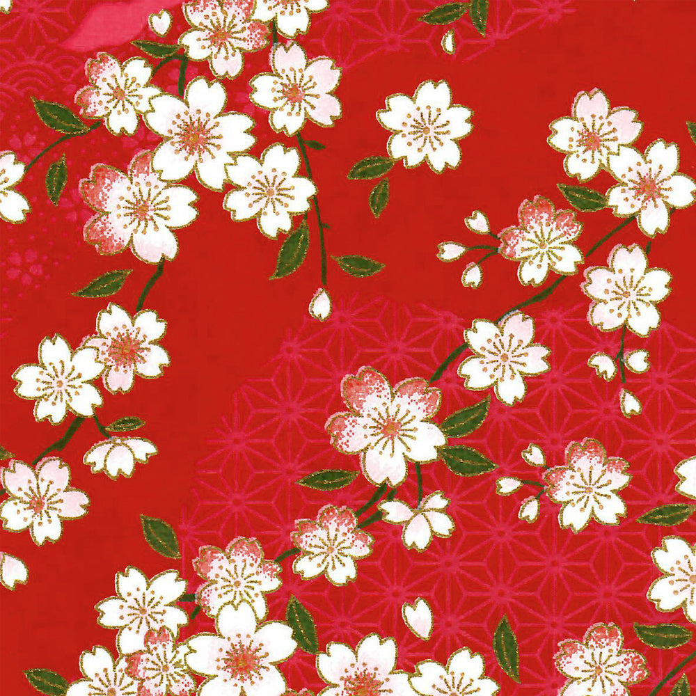 carré de 10cm par 10cm de papier japonais yuzen chiyogami aux motifs de fleurs de cerisier dans les tons rouges adeline klam (M885)