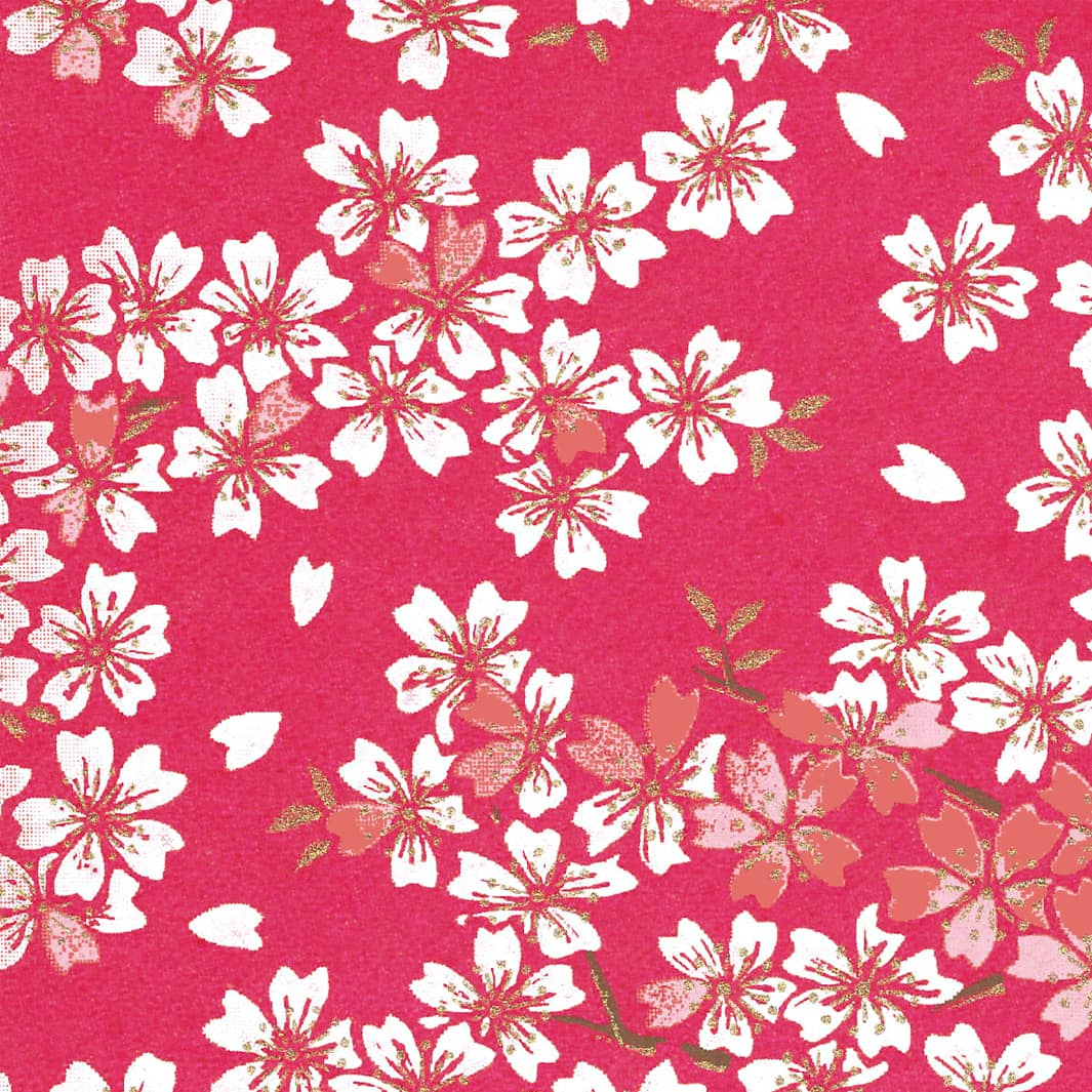 carré de 10cm par 10cm de papier japonais yuzen chiyogami au motif de fleurs de cerisier dans les tons rose framboise, corail, rose clair et blanc adeline klam (M1057)