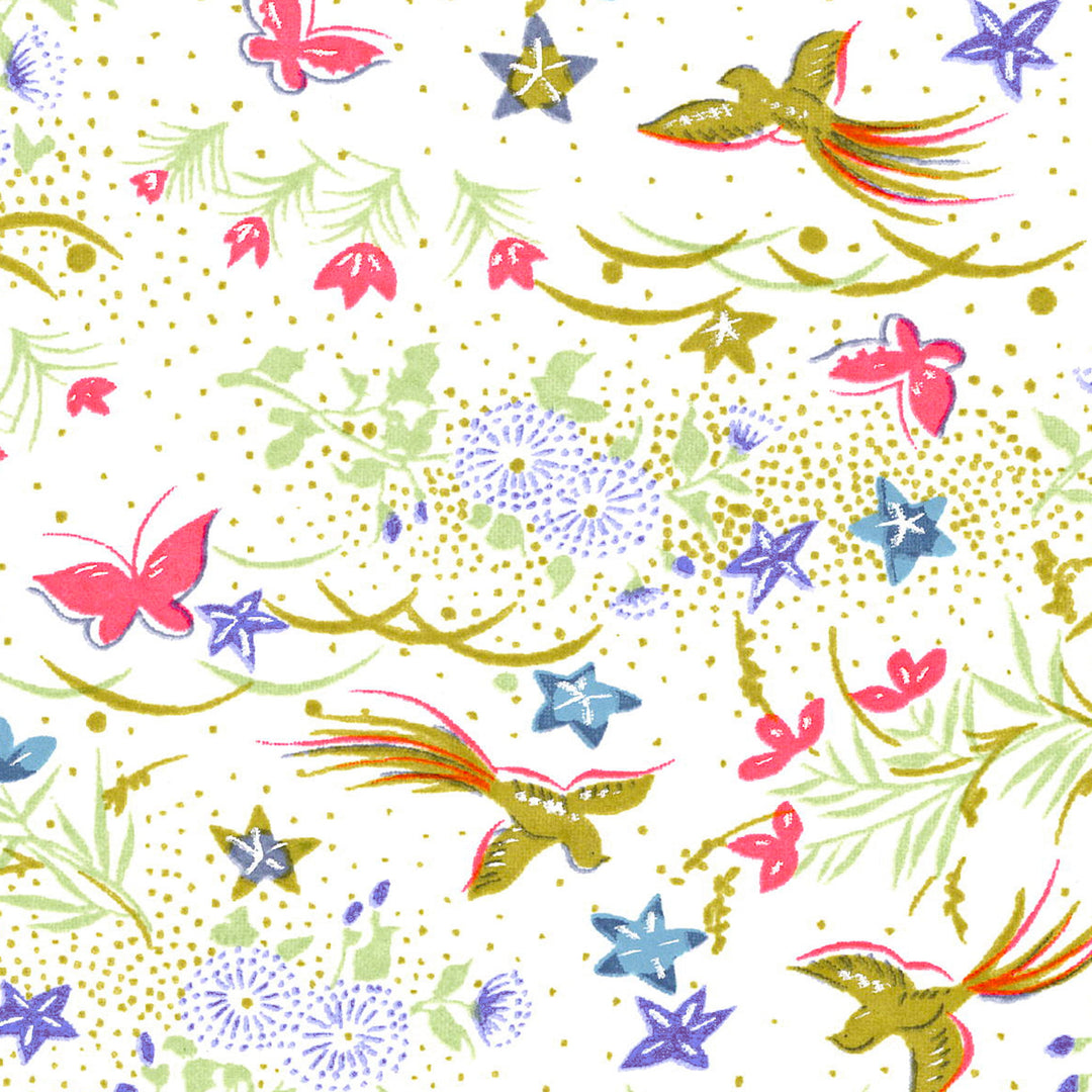 carré de 10cm par 10cm de papier japonais yuzen chiyogami aux motifs de fleurs, d'oiseaux et de papillons dans les tons blanc, rose fluo, bleu mauve et verts adeline klam (M1067)