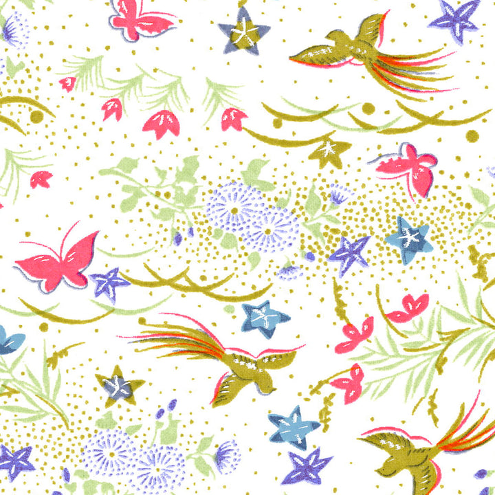 carré de 10cm par 10cm de papier japonais yuzen chiyogami aux motifs de fleurs, d'oiseaux et de papillons dans les tons blanc, rose fluo, bleu mauve et verts adeline klam (M1067)