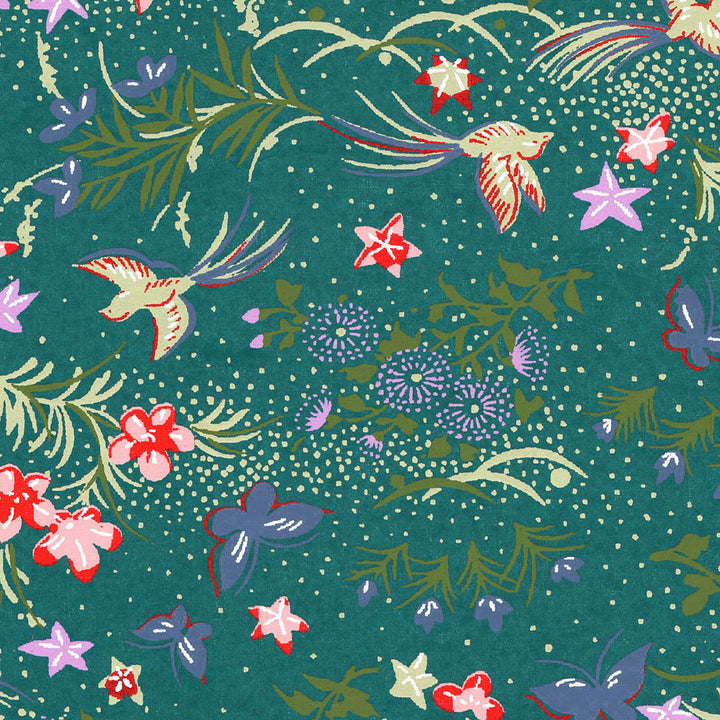 carré de 10cm par 10cm de papier japonais yuzen chiyogami aux motifs de fleurs, d'oiseaux et de papillons dans les bleu canard, violets, vert clair et foncé, jaune pâle adeline klam (M1066)