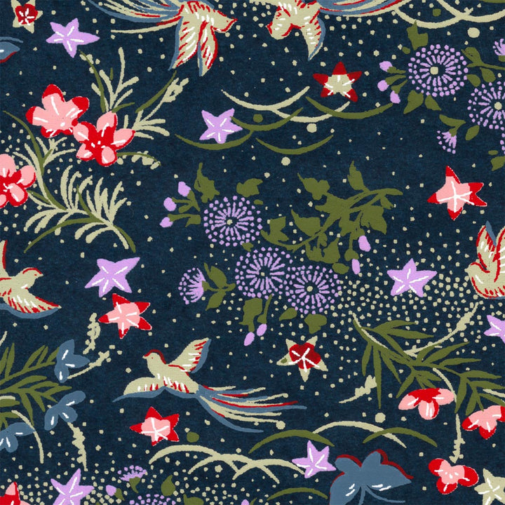 carré de 10cm par 10cm de papier japonais yuzen chiyogami aux motifs de fleurs, d'oiseaux et de papillons dans les tons bleu marine, rouges, mauve, vert clair et foncé adeline klam (M951)