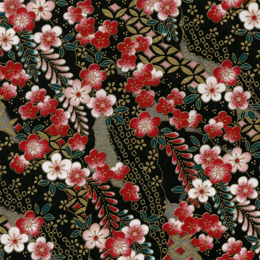 carré de 10cm par 10cm de papier japonais yuzen chiyogami aux motifs de fleurs de prunier et nuages à motifs rouges, roses, noir, bleu canard et dorés adeline klam (M1019)