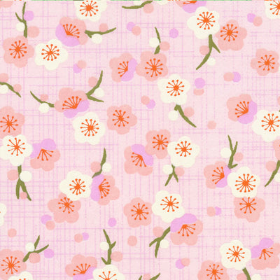 carré de 10cm par 10cm de papier japonais yuzen chiyogami aux motifs de fleurs de prunier rétro dans les tons rose clair, mauve et orange adeline klam (M797)