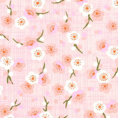 carré de 10cm par 10cm de papier japonais yuzen chiyogami aux motifs de fleurs de prunier rétro dans les tons rose clair, mauve et orange adeline klam (M797)