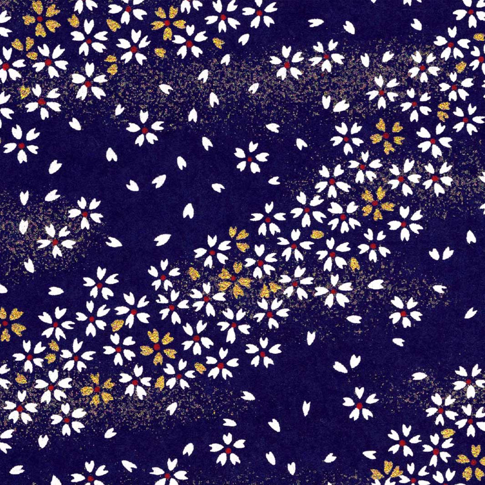 carré de 10cm par 10cm de papier japonais yuzen chiyogami aux motifs de fleurs au vent dans les tons bleu nuit adeline klam (M759)