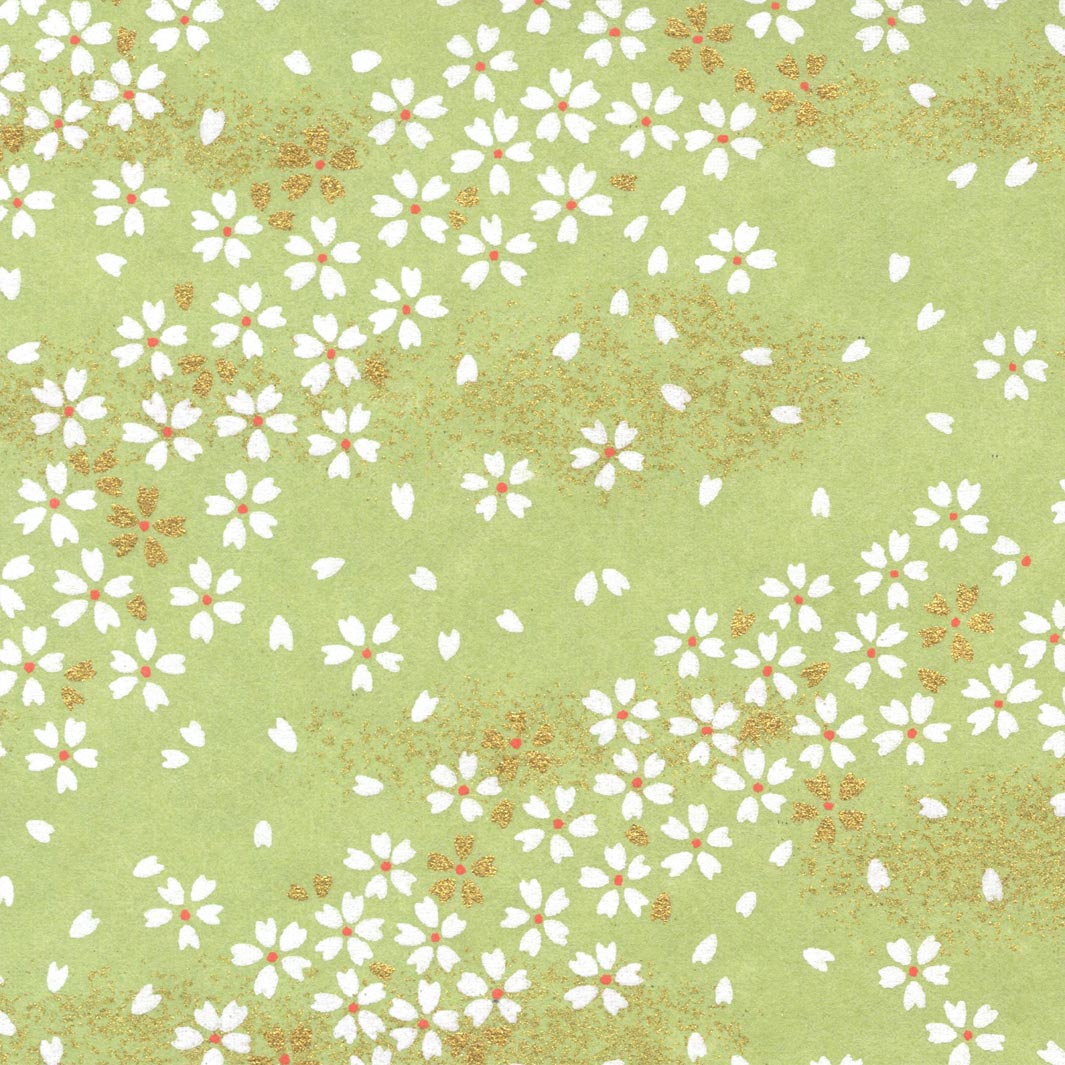 carré de 10cm par 10cm de papier japonais yuzen chiyogami aux motifs de fleurs au vent dans les tons vert amande adeline klam (M984)