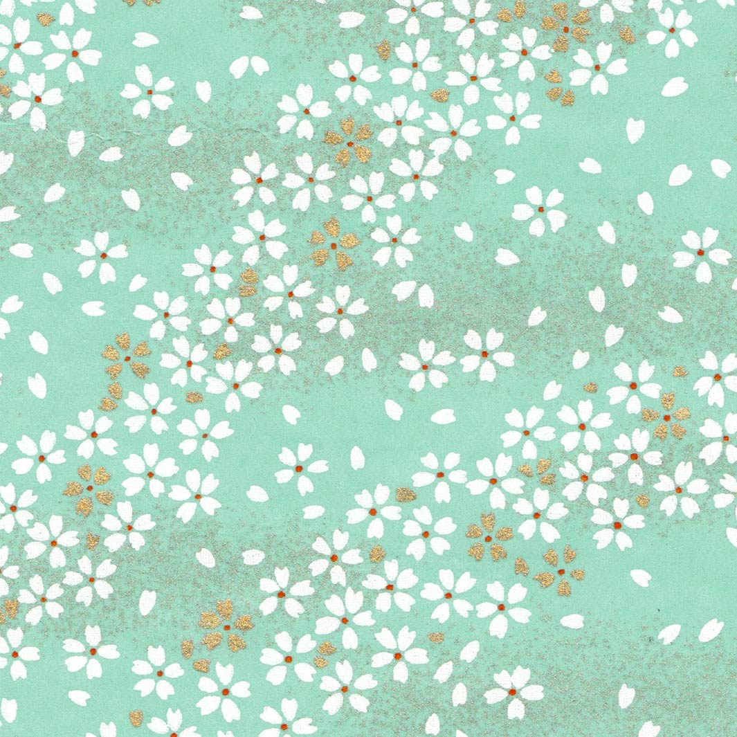 carré de 10cm par 10cm de papier japonais yuzen chiyogami aux motifs de fleurs au vent vert d'eau (M515) adeline klam 